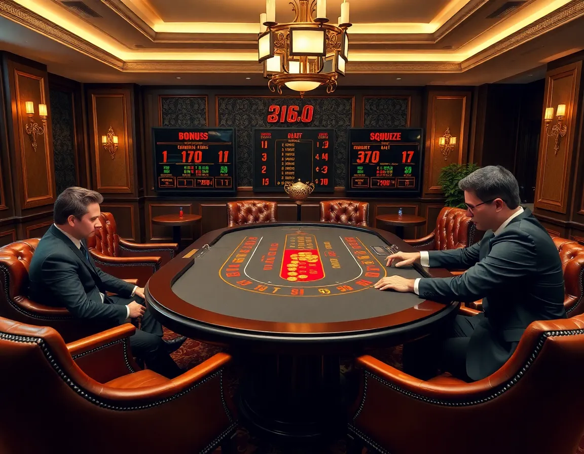 A high roller Baccarat squeeze table in an opulent sunroom lounge with leather chairs, brass scoreboards showing dragon bonus roads, and players in tailored summer suits placing gold tokens