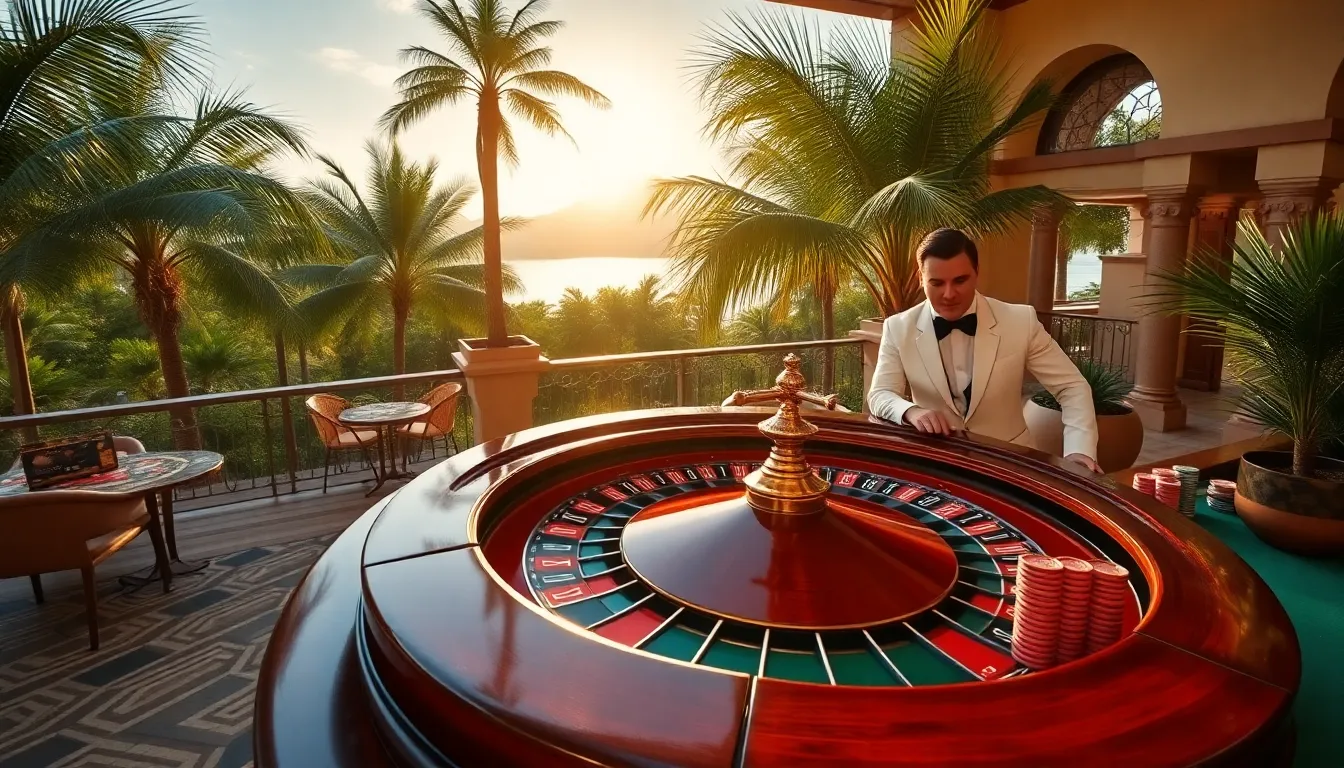 A lavish 1950s style casino terrace overlooking tropical palm trees, featuring an active French Roulette table with polished wood wheel, stacked colorful chips, elegant croupiers in cream jackets, and golden sunlight streaming through art deco arches