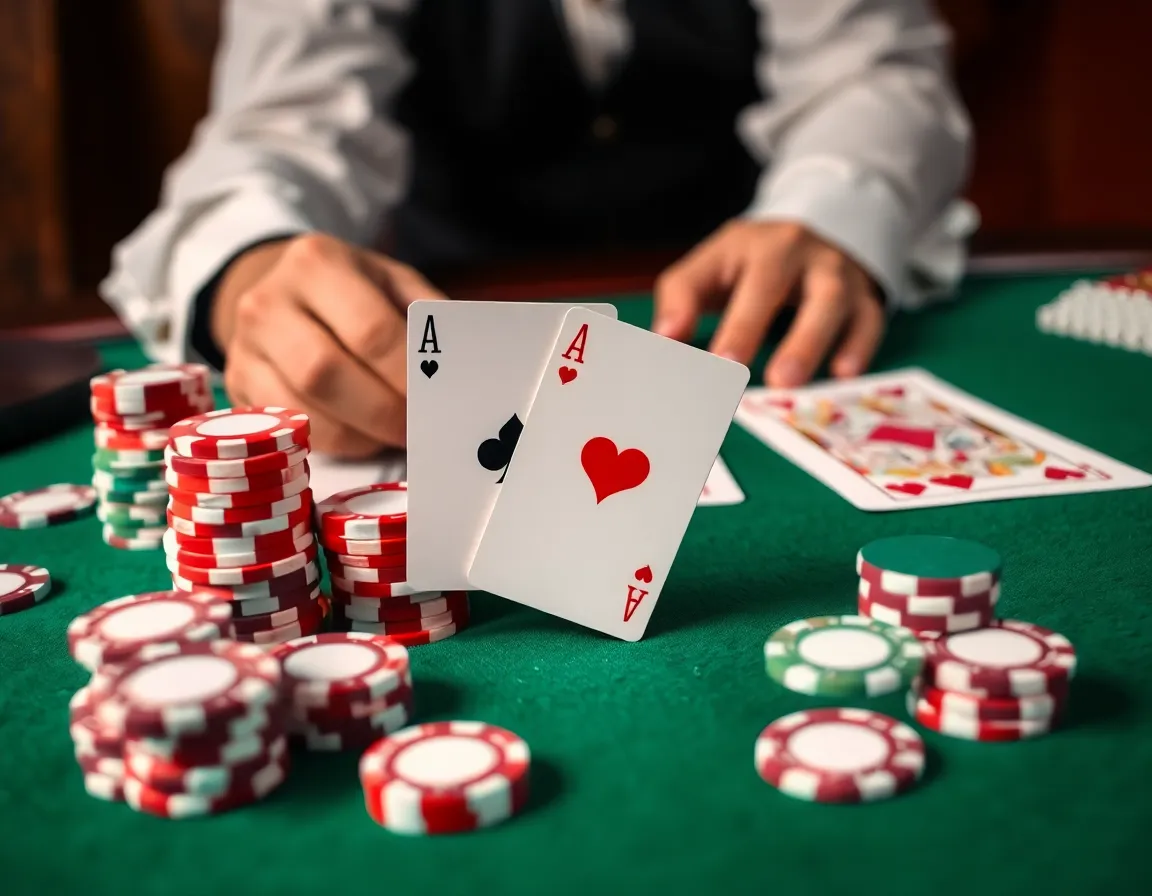 Close-up of a high stakes Blackjack table with green baize felt, stacks of official ceramic chips, pristine cards dealt face up showing an ace and king natural twenty one, with croupier hands in view