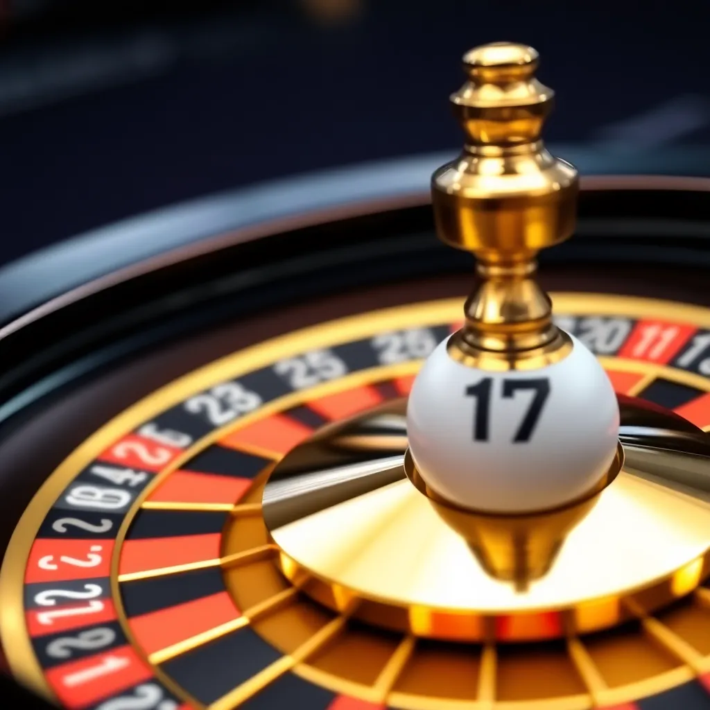 High detail macro photograph of a golden roulette turret spinning rapidly, showing motion blur on numbers and crisp focal point on the bouncing white ball entering pocket 17 black