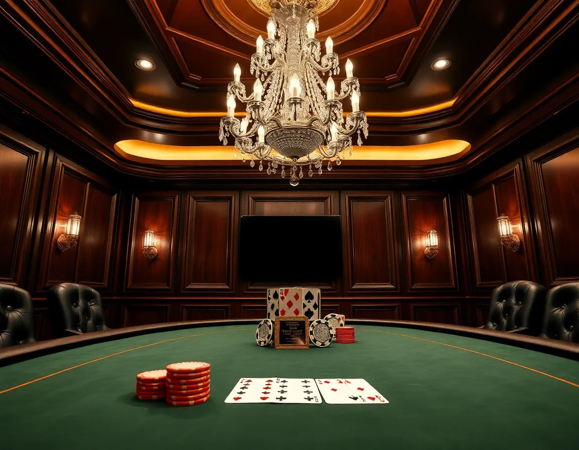 Intimate poker room with dark walnut wood paneling, crystal chandelier, felt table with active pot of high denomination casino plaques and cards dealt for Texas Holdem flop
