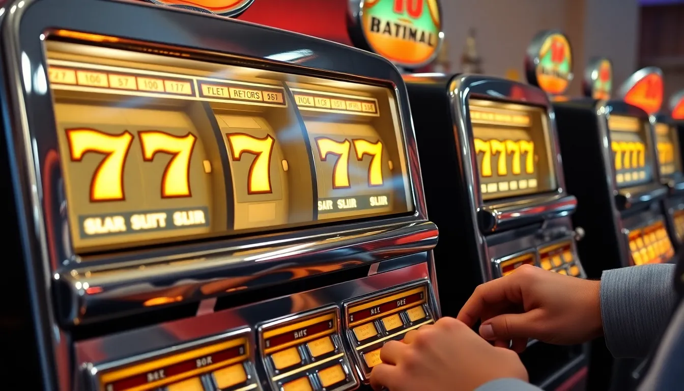 Row of vintage 1950s electro-mechanical slot machines with chrome coin trays, illuminated glass reel displays showing golden 7s and triple bars, with player hands pulling the side lever