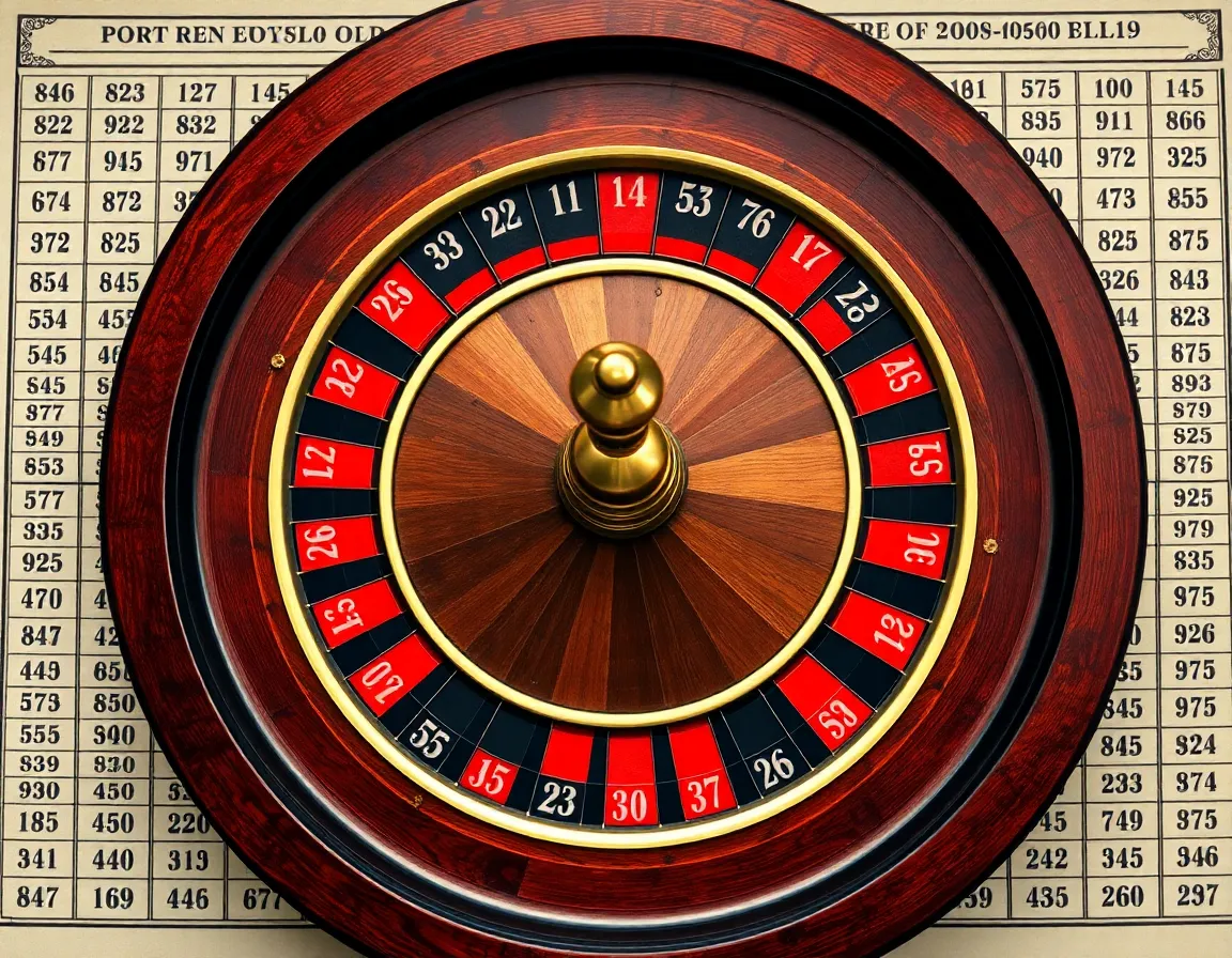 Top-down perspective of an authentic mahogany French Roulette wheel with polished brass turret, ivory ball in spin track above red and black numbered pockets, surrounded by vintage betting grid